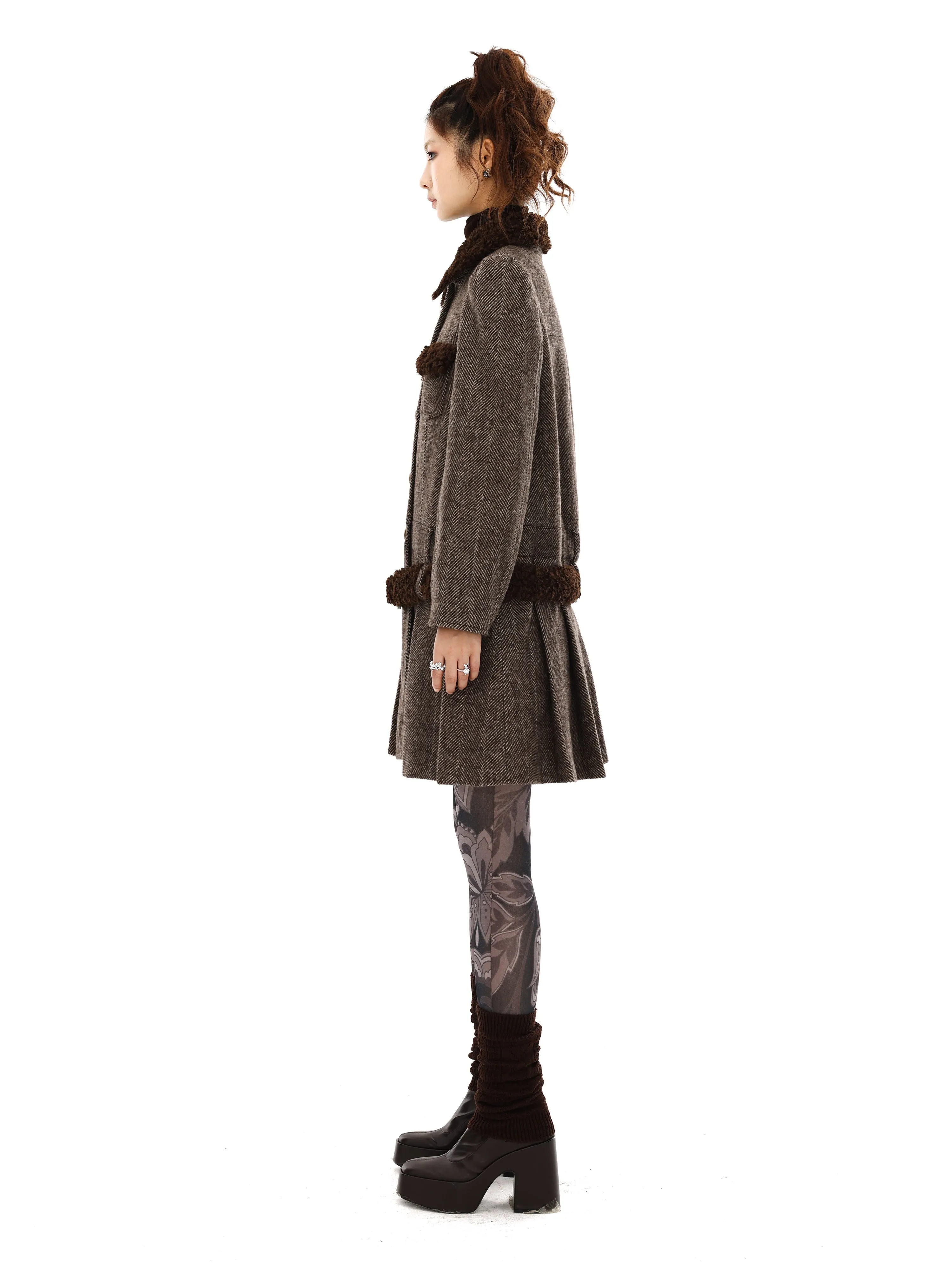 BoA Collar Herringbone Single-breastet Pleated Coat