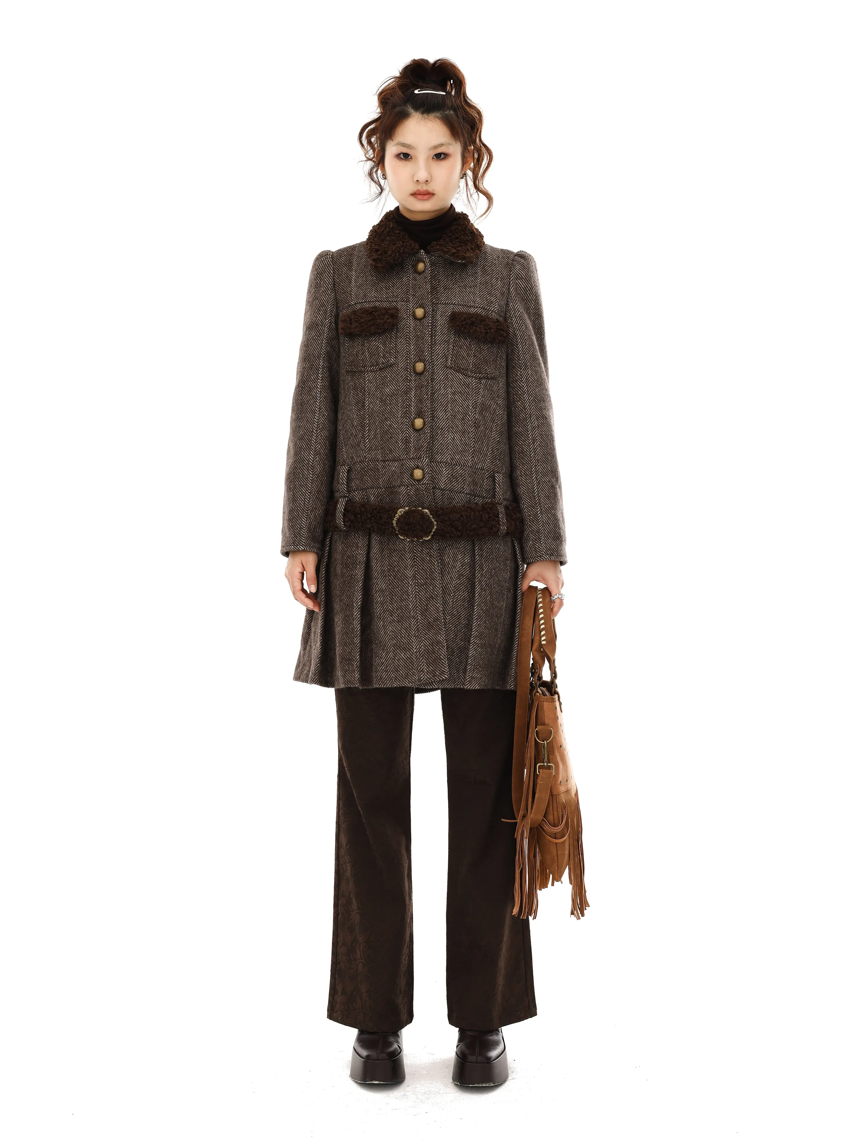 BoA Collar Herringbone Single-breastet Pleated Coat