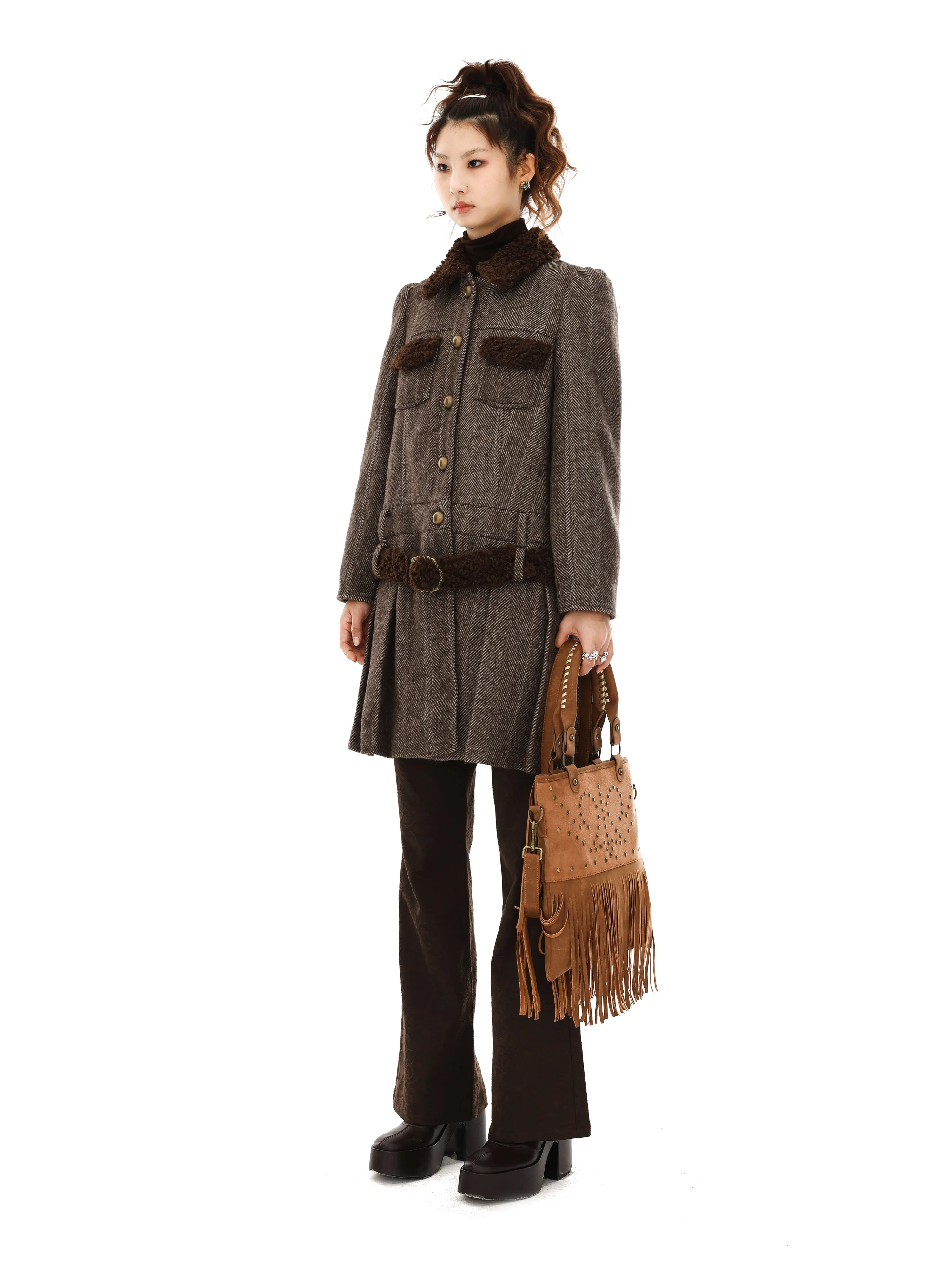 BoA Collar Herringbone Single-breastet Pleated Coat