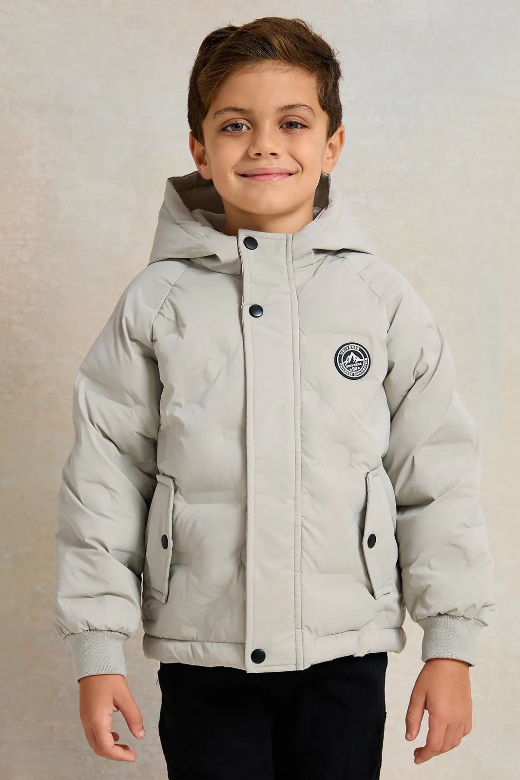 Boys Beige Embossed Hooded Jacket