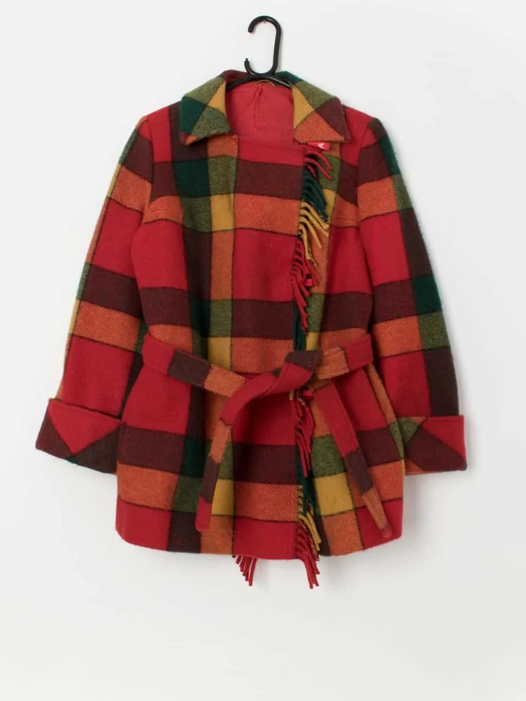 Bright vintage plaid wool jacket with belt and fringed hem – Medium