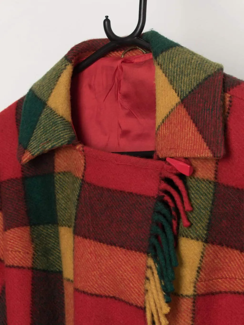 Bright vintage plaid wool jacket with belt and fringed hem – Medium