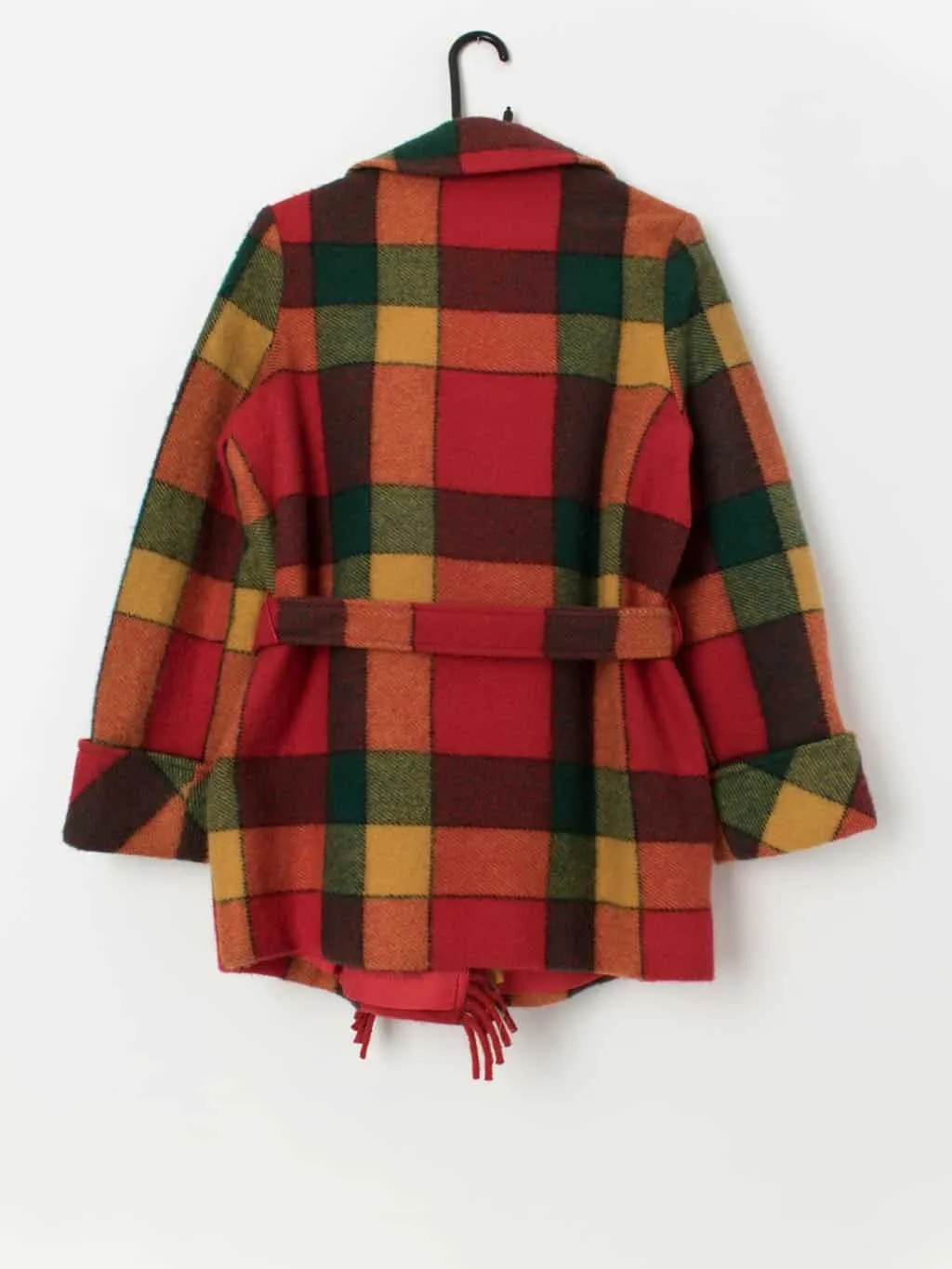 Bright vintage plaid wool jacket with belt and fringed hem – Medium