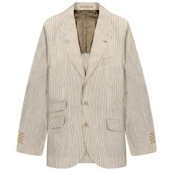 BRUNELLO CUCINELLI Striped Linen Batavia Deconstructed Cavallo Blazer White