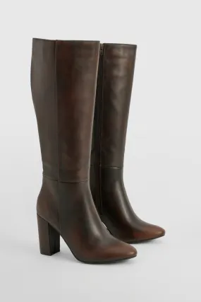 Burnished Knee High Block Heel Boots