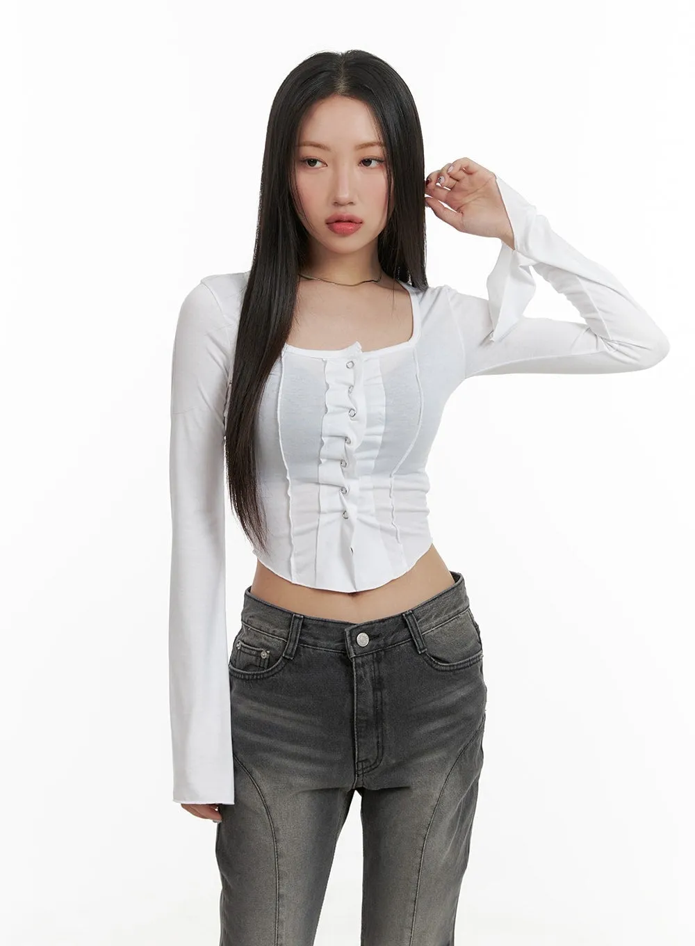 Buttoned Square Neck Crop Top CA415