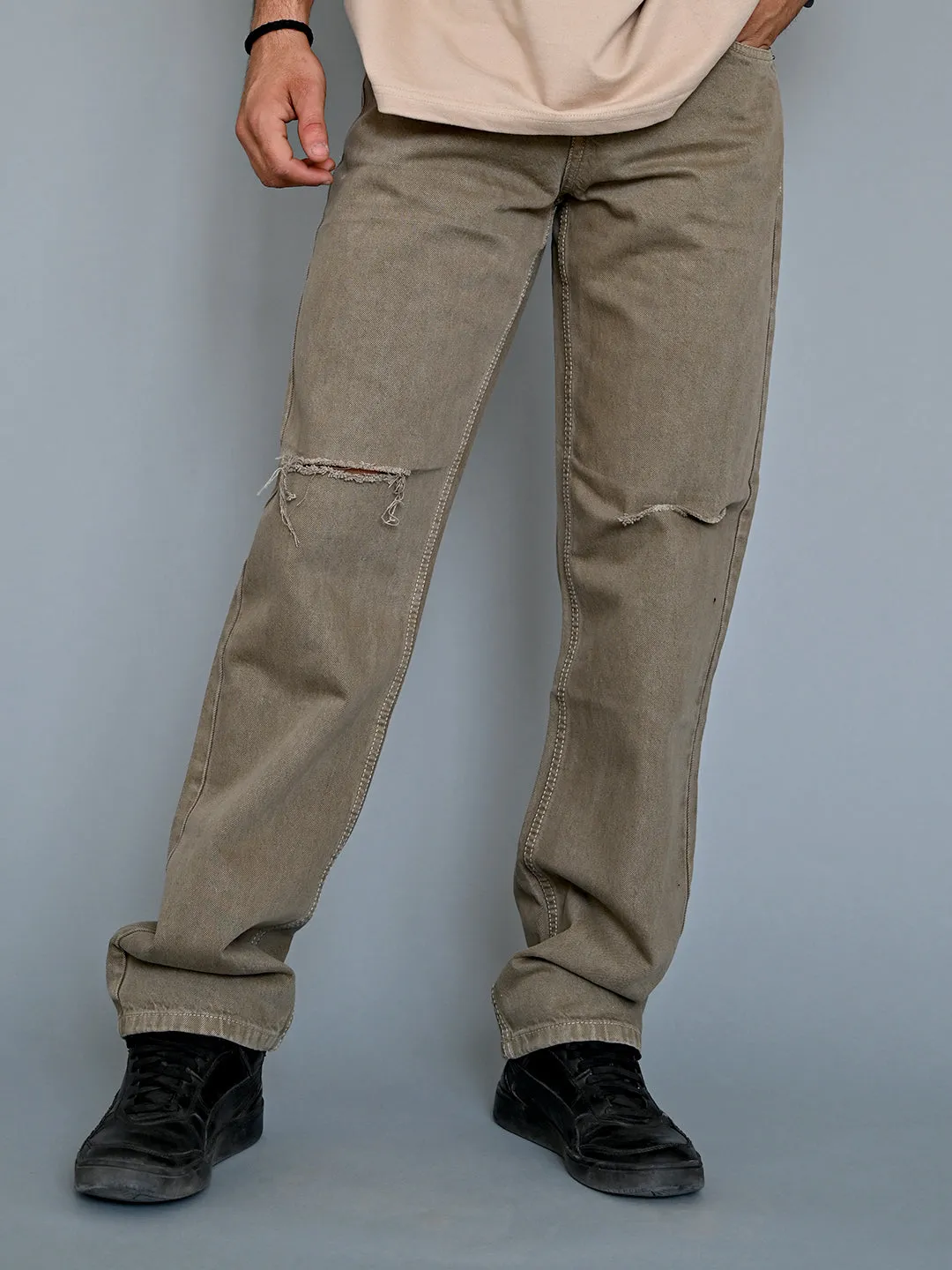 Camel Brown Knee Cut Mens Jeans