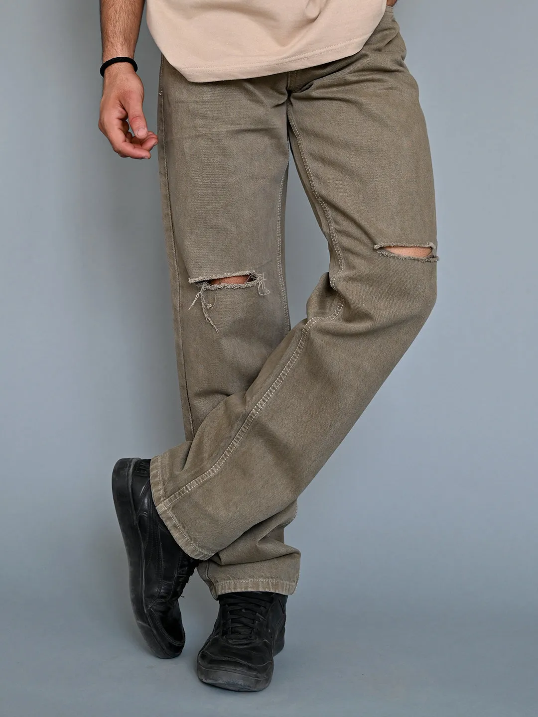 Camel Brown Knee Cut Mens Jeans