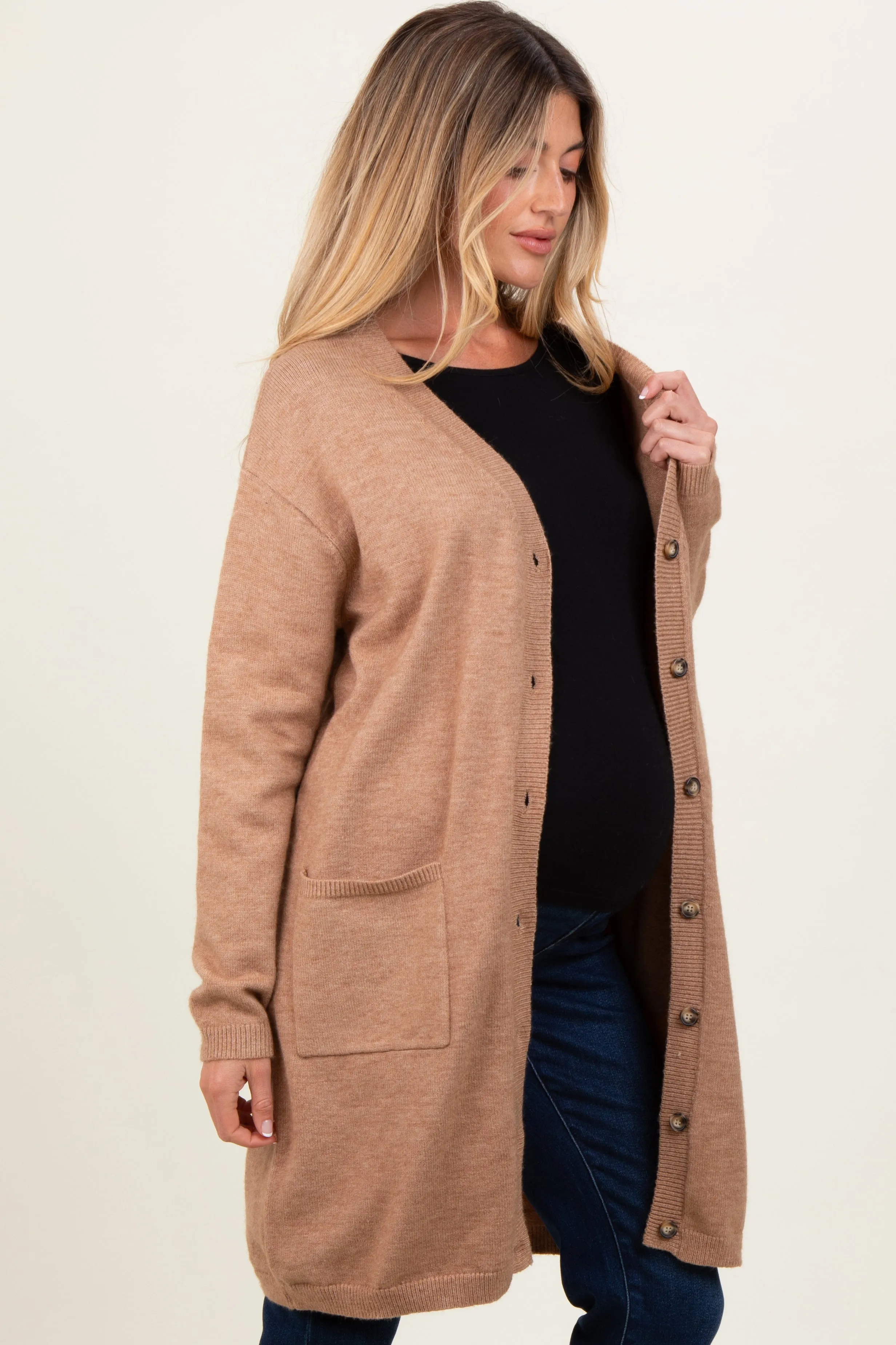 Camel Button Down V-Neck Long Maternity Cardigan