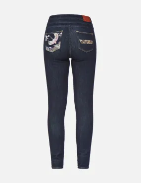 Crane Embroidery and Logo Appliqué Skinny Jeans