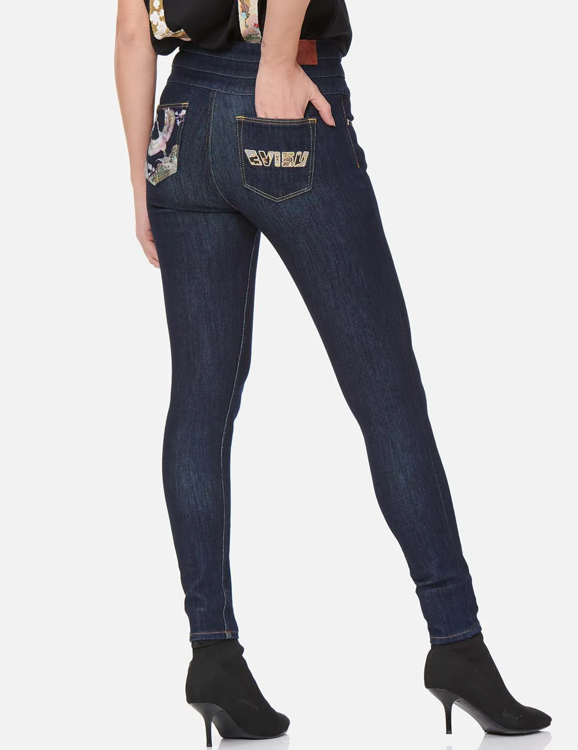 Crane Embroidery and Logo Appliqué Skinny Jeans