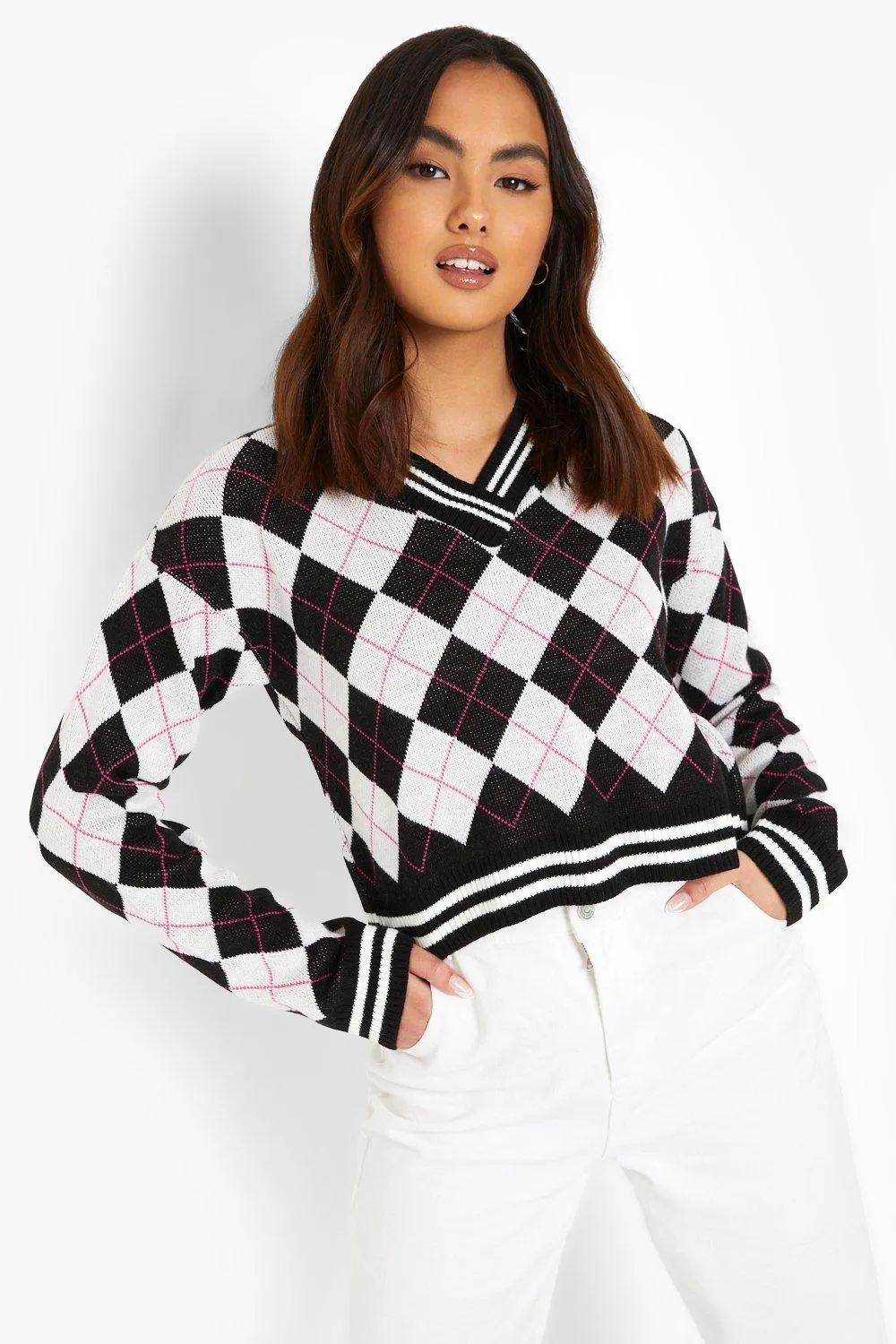 Cropped Argyle Check Sweater