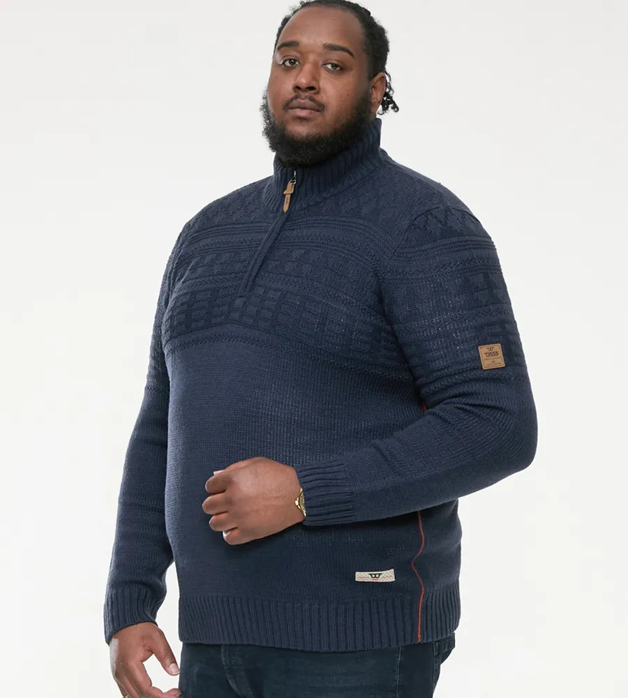 D555 Big Mens Navy Jacquard Knitted Jumper With 1/4 Zip (YATES)