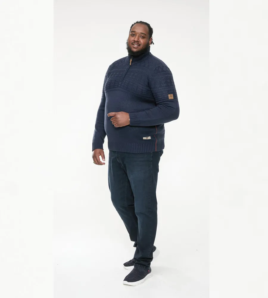 D555 Big Mens Navy Jacquard Knitted Jumper With 1/4 Zip (YATES)