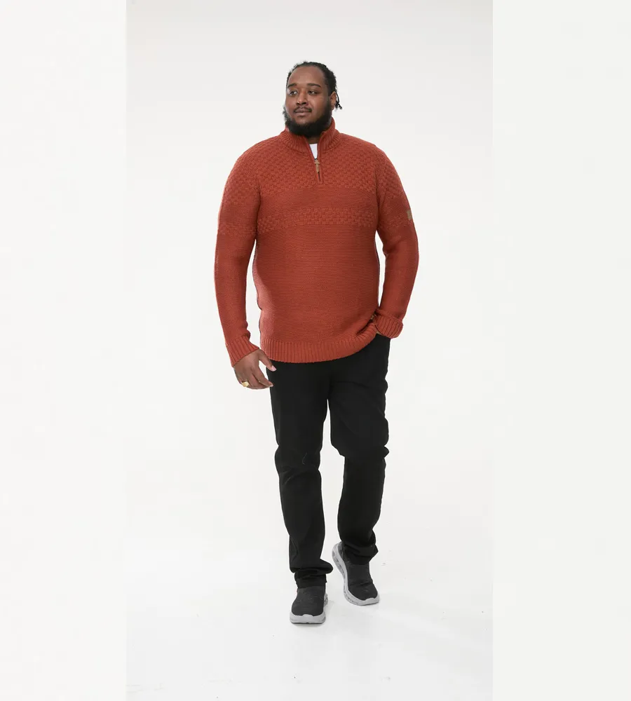 D555 Big Mens Rust Jacquard Knitted Jumper With 1/4 Zip (KELTON)