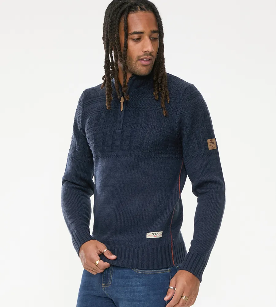 D555 Mens Navy Jacquard Knitted Jumper With 1/4 Zip (YATES)