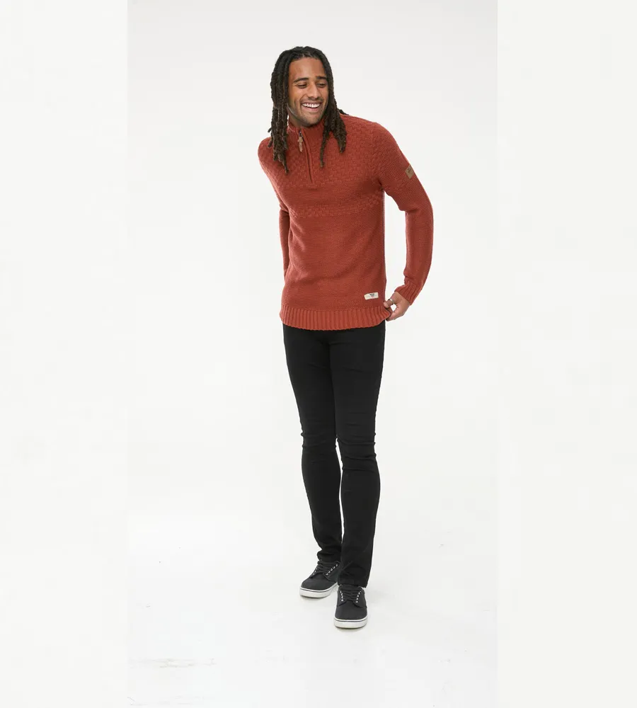 D555 Mens Rust Jacquard Knitted Jumper With 1/4 Zip (KELTON)