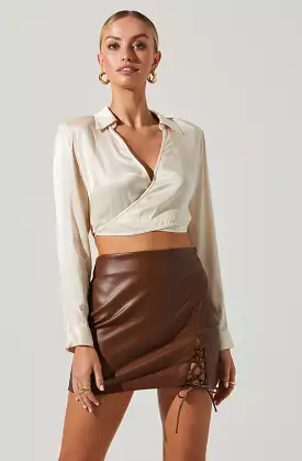 Delphi Satin Pointed Collar Wrapped Tie Waist Top