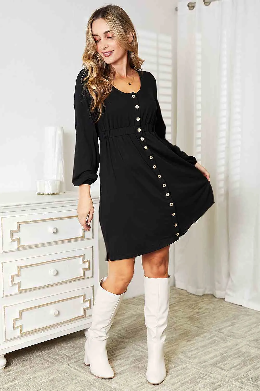 Double Take Scoop Neck Empire Waist Long Sleeve Magic Dress