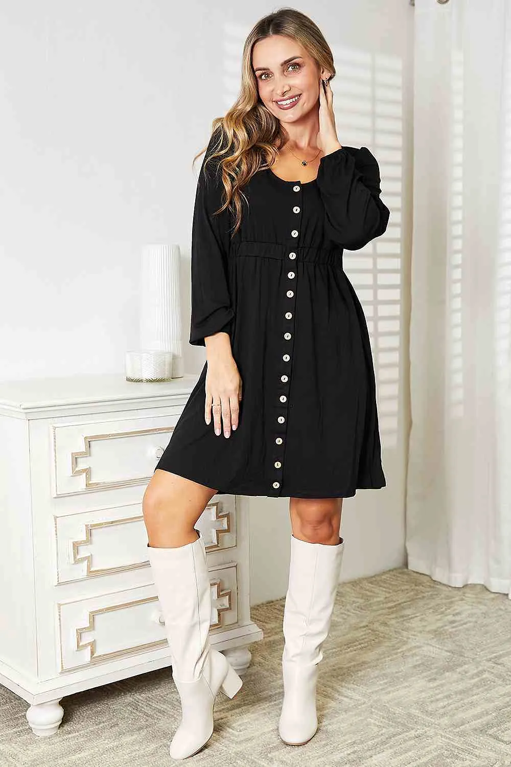 Double Take Scoop Neck Empire Waist Long Sleeve Magic Dress