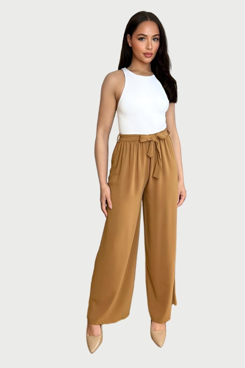 Elastic Waist Tie Wide Leg Trousers