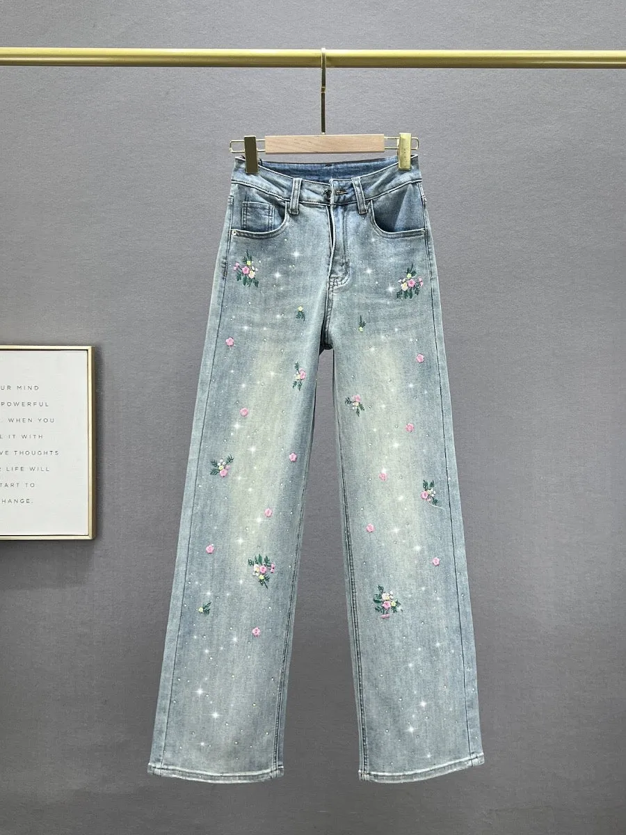 Embroidered jeans women's trousers 2024 new spring high-waisted loose slimming versatile wide-leg pants with hot diamond drop fe