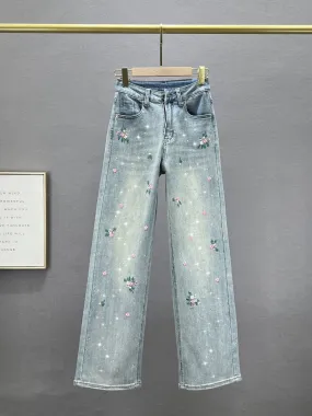 Embroidered jeans women's trousers 2024 new spring high-waisted loose slimming versatile wide-leg pants with hot diamond drop fe