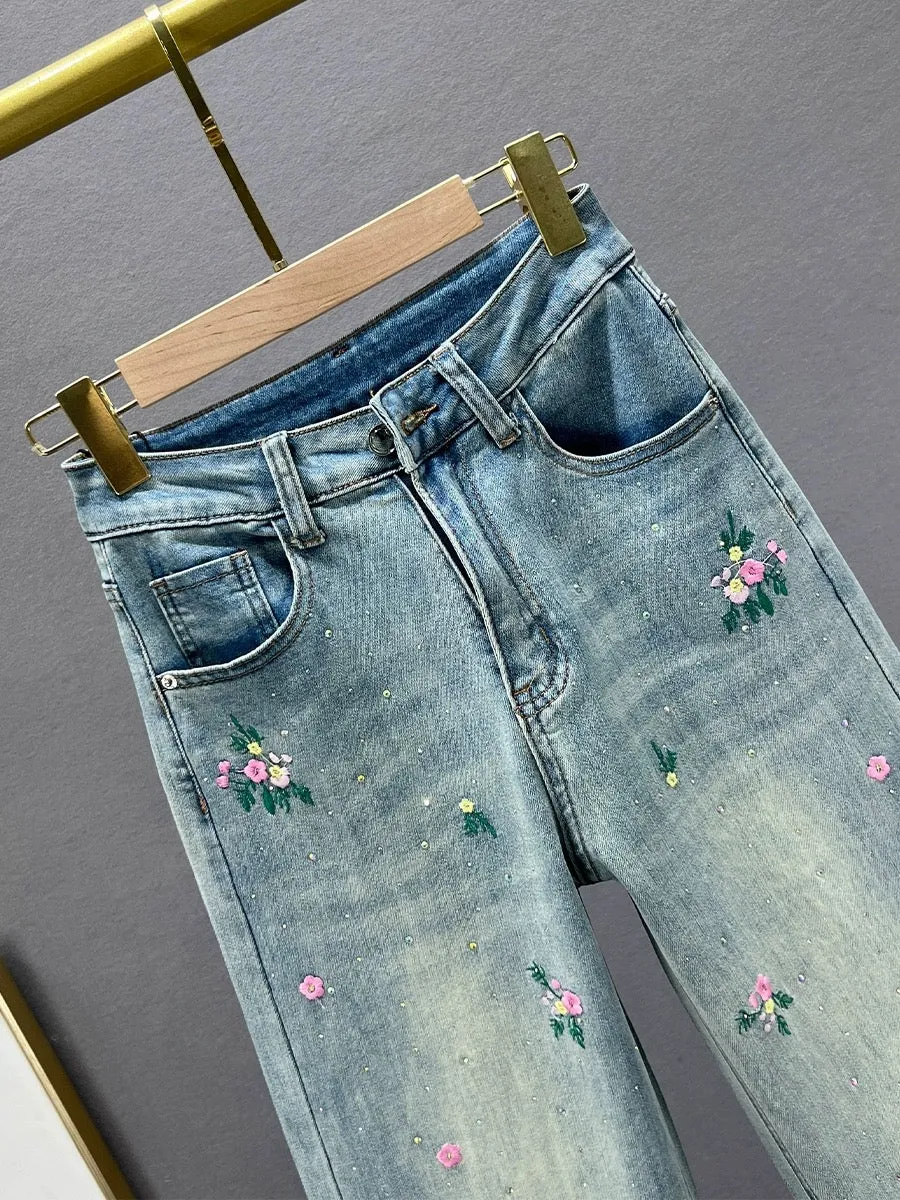 Embroidered jeans women's trousers 2024 new spring high-waisted loose slimming versatile wide-leg pants with hot diamond drop fe