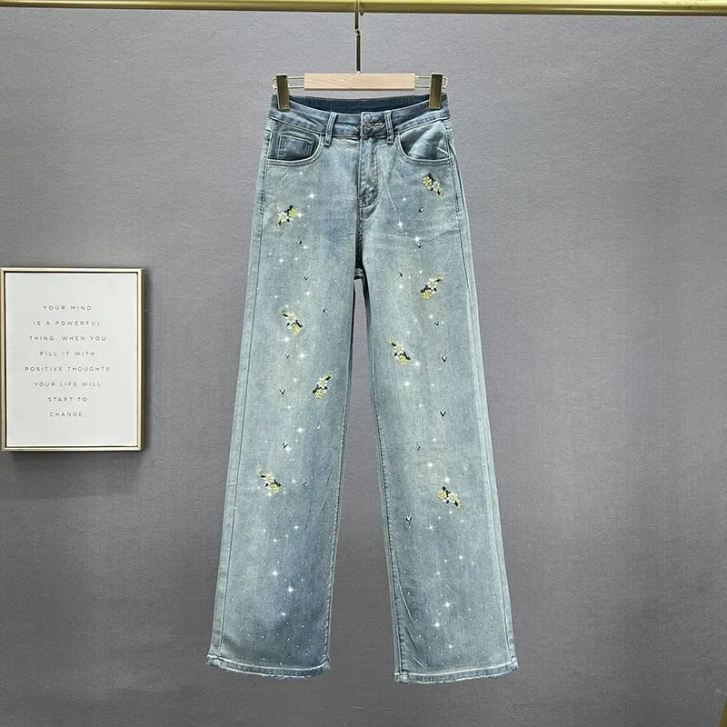 Embroidered jeans women's trousers 2024 new spring high-waisted loose slimming versatile wide-leg pants with hot diamond drop fe