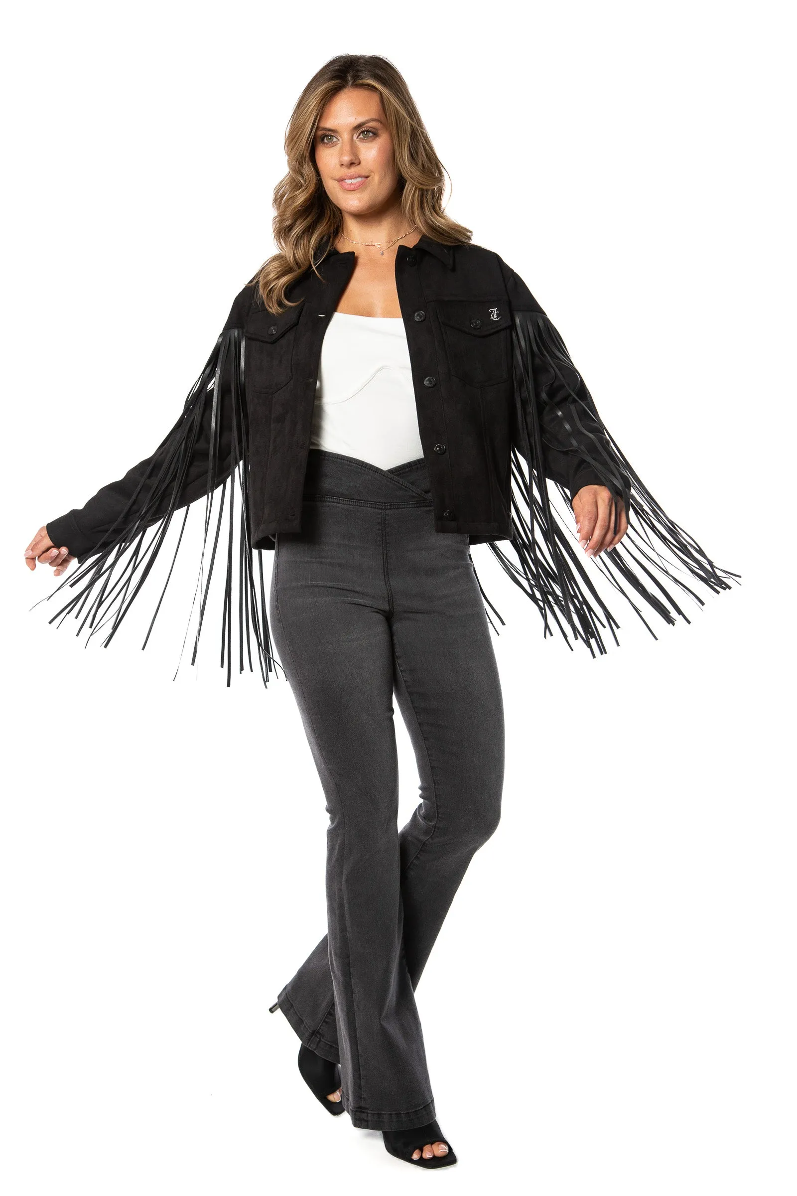 Faux Leather Fringe Trucker Jacket