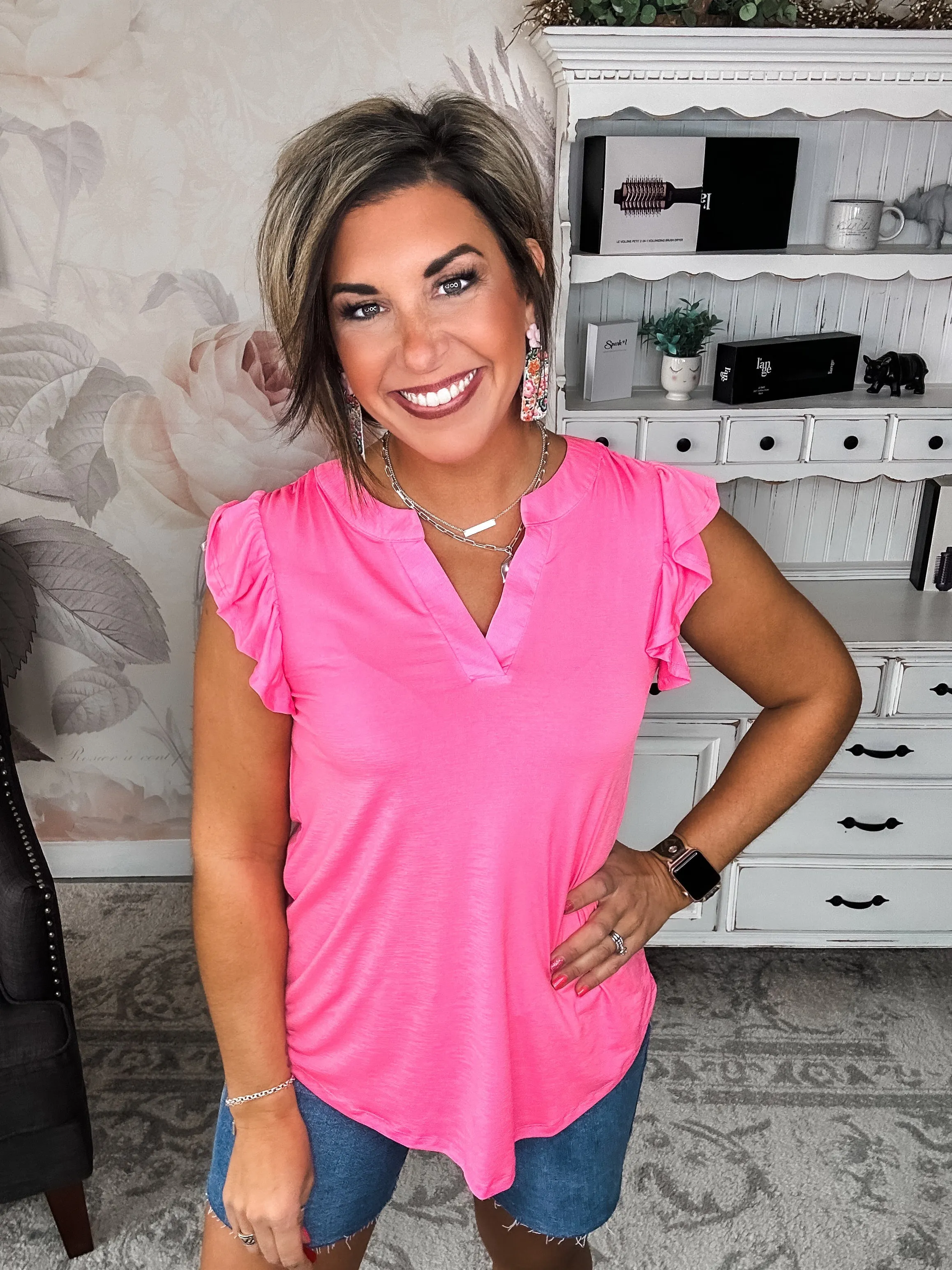 Figure It Out Ruffle Sleeve Top - Neon Pink