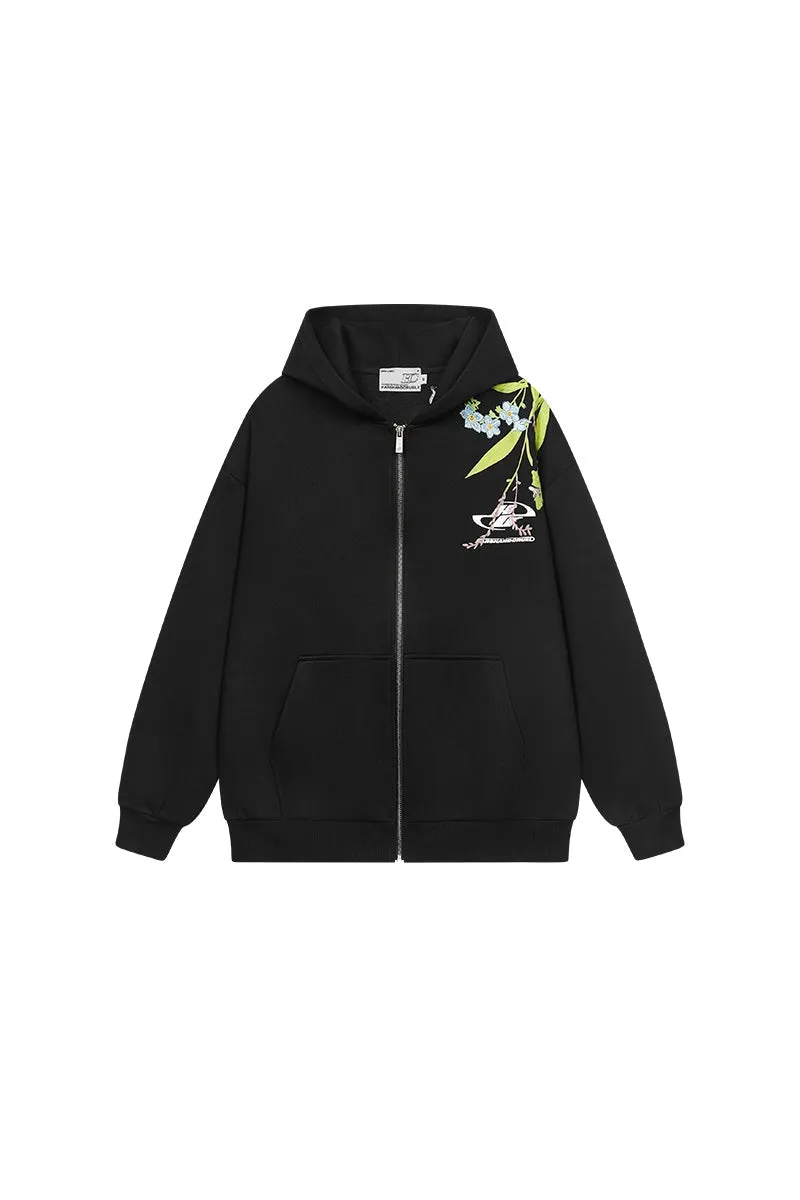 Floral Embroidery Logo Zip Up Hoodie