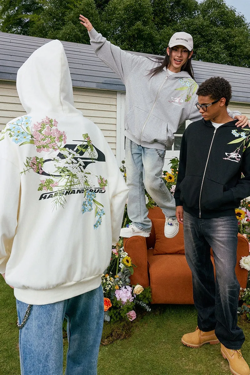 Floral Embroidery Logo Zip Up Hoodie