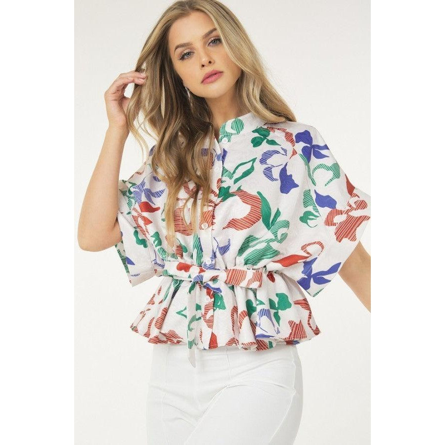 Floral Print Short Sleeve Top With Waist Tie