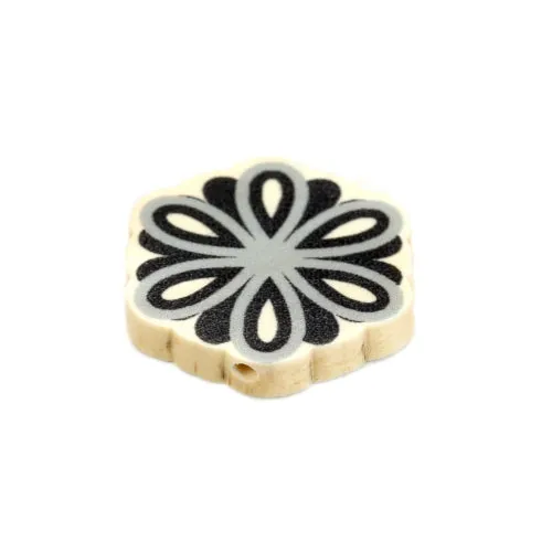 Flower Wood Beads, Printed, Black, Grey, 28mm