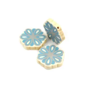 Flower Wood Beads, Printed, Blue, Grey, 28mm