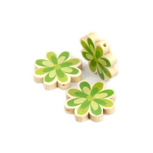 Flower Wood Beads, Printed, Green, 29mm