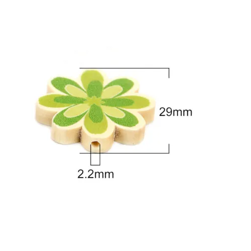 Flower Wood Beads, Printed, Green, 29mm