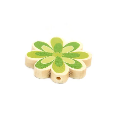 Flower Wood Beads, Printed, Green, 29mm