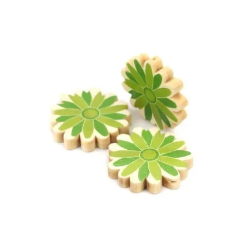 Flower Wood Beads, Printed, Green, 30mm