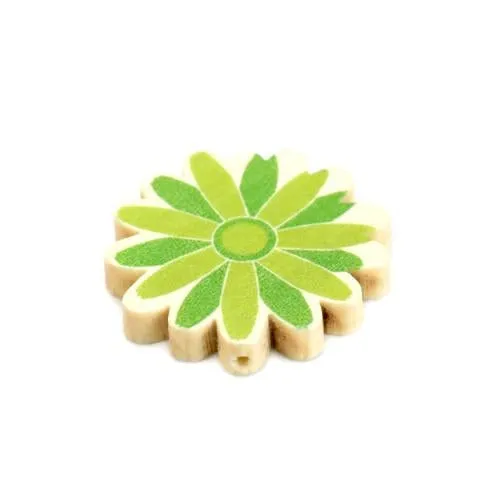 Flower Wood Beads, Printed, Green, 30mm