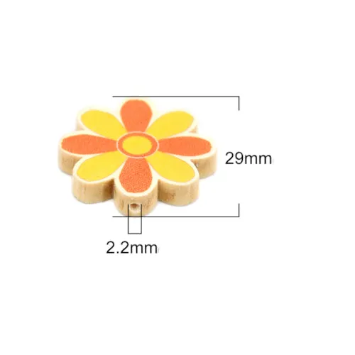 Flower Wood Beads, Printed, Orange, Yellow, 29mm