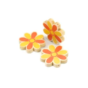 Flower Wood Beads, Printed, Orange, Yellow, 29mm