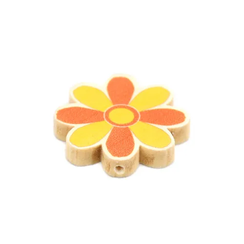 Flower Wood Beads, Printed, Orange, Yellow, 29mm