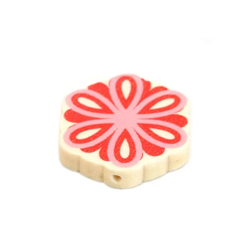 Flower Wood Beads, Printed, Pink, Red, 28mm