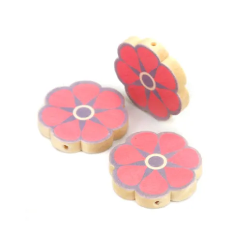 Flower Wood Beads, Printed, Purple, Pink, 30mm