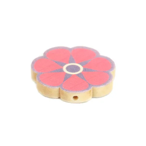 Flower Wood Beads, Printed, Purple, Pink, 30mm