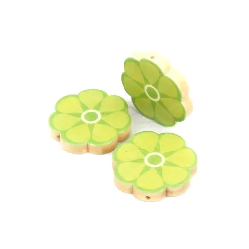 Flower Wood Beads, Printed, Yellow, Green, 30mm