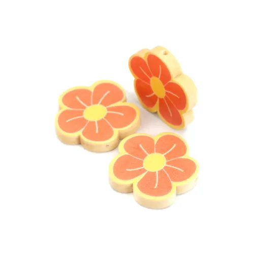 Flower Wood Beads, Printed, Yellow, Orange, 30mm