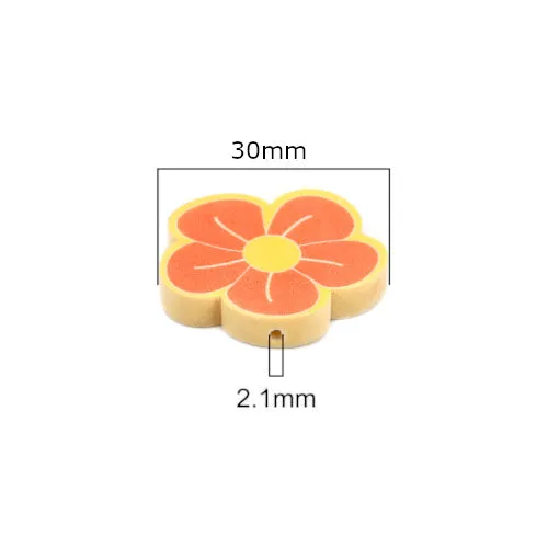 Flower Wood Beads, Printed, Yellow, Orange, 30mm